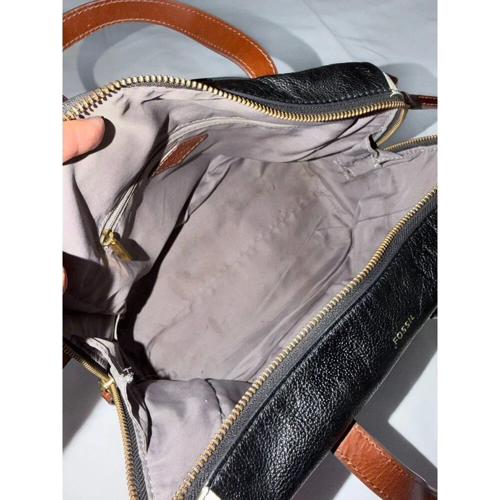 Fossil Sydney Satchel Black/White Brass Leather Crossbody Bag & Wallet
